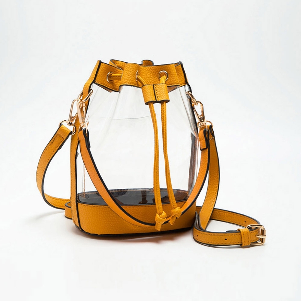 Mustard Transparent Leather Clear Bucket Crossbody Bag Purse Womens Accessory